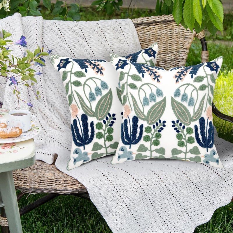 Alysheer Floral Embroidered Farmhouse Decorative Throw Pillow Cover 18""x 18"" Set of 2  Cottage Navy Blue Green Flower Leaves Tufted Pattern  Cotton Canvas Cushion Case for Couch Bed Living Room Decor - Image 3